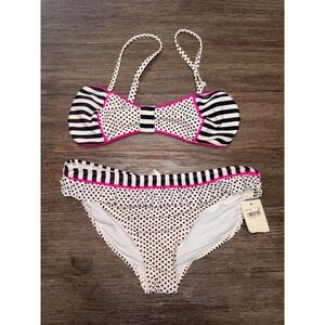 Angel Beach Girls 16 Bikini Set Black White Polka Dot Stripe Pink AB147049 NEW